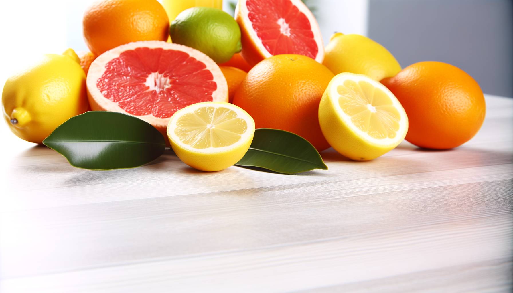 Una composición de frutas cítricas, como naranjas, limones y pomelos, dispuestas en una mesa de co...