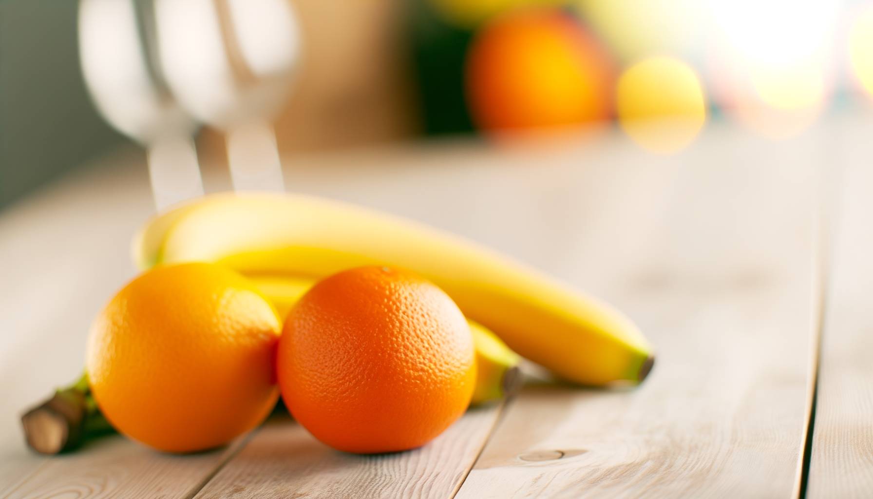 Un bodegón de frutas frescas sobre una superficie de madera clara, destacando naranjas y plátanos,...