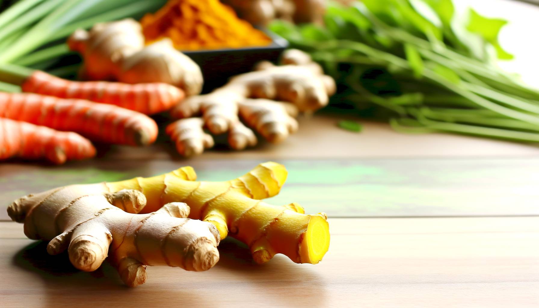 Un primer plano de raíces de jengibre frescas y cúrcuma en una tabla de madera, con un fondo de in...