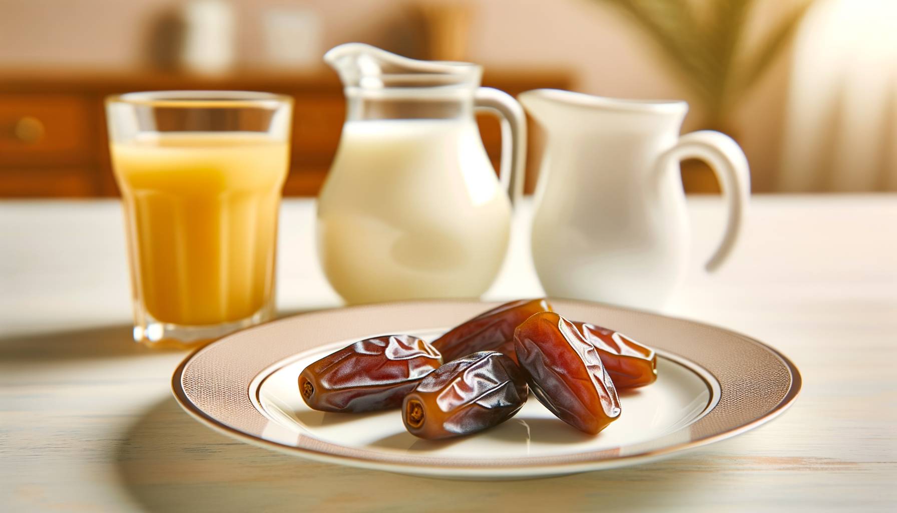 Un plato elegante con dátiles frescos colocados sobre una mesa de desayuno, junto a una jarra de le...