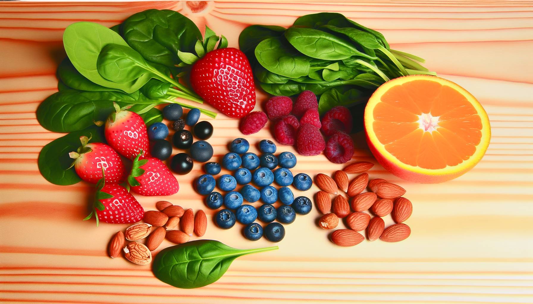 Una selección de alimentos ricos en antioxidantes, como bayas, naranjas, espinacas y nueces, dispue...