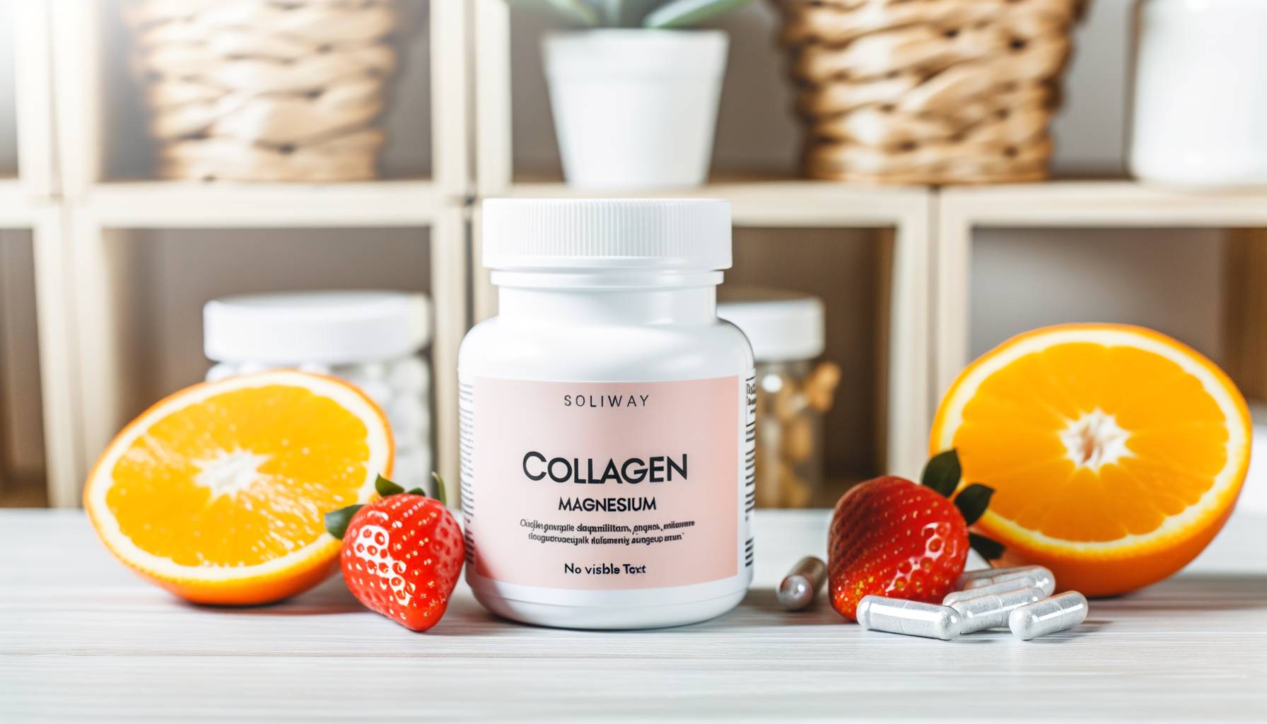Un elegante conjunto de suplementos de colágeno con magnesio en frascos transparentes sobre una mes...