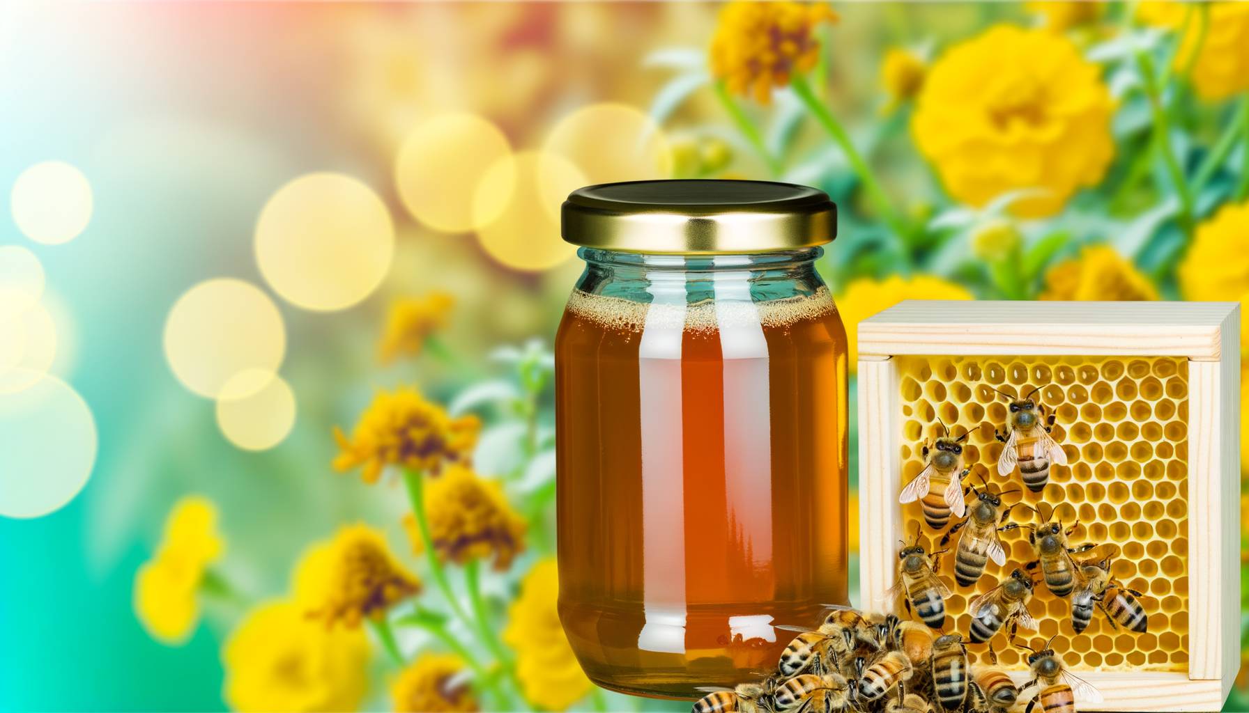 Un frasco de propóleo líquido junto a una colmena activa, con abejas trabajando. Fondo difuminado ...