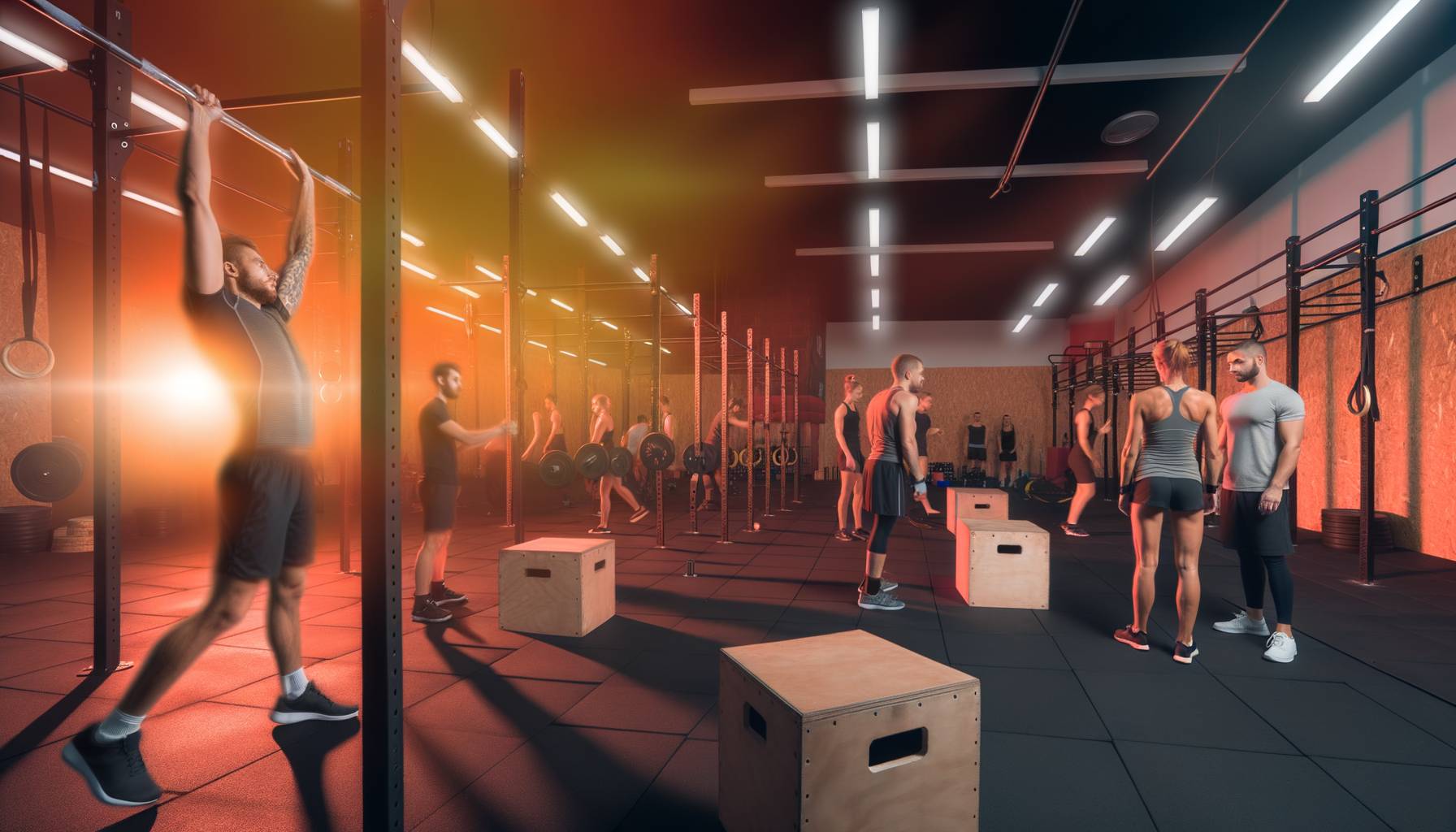 Una imagen profesional mostrando un gimnasio de crossfit con personas entrenando. Se destacan equipo...