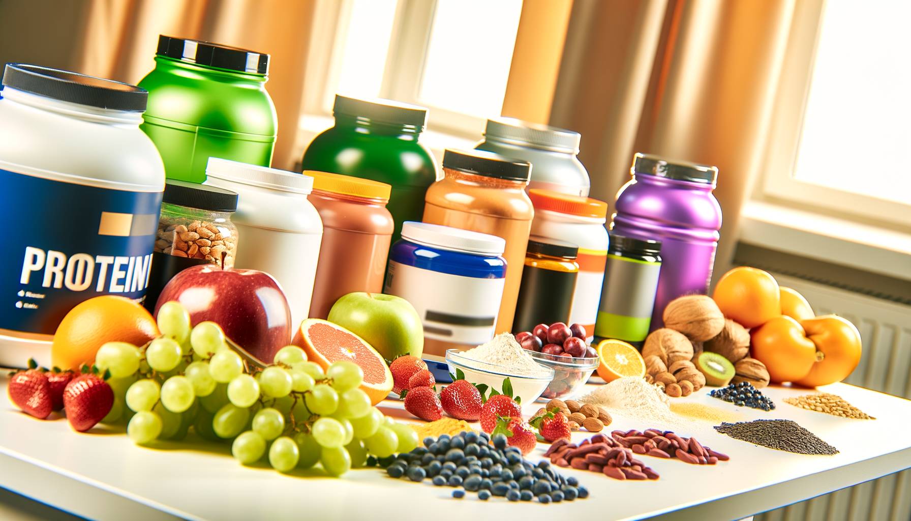 Una imagen profesional de varios tipos de proteínas en polvo en envases de colores vibrantes, dispu...