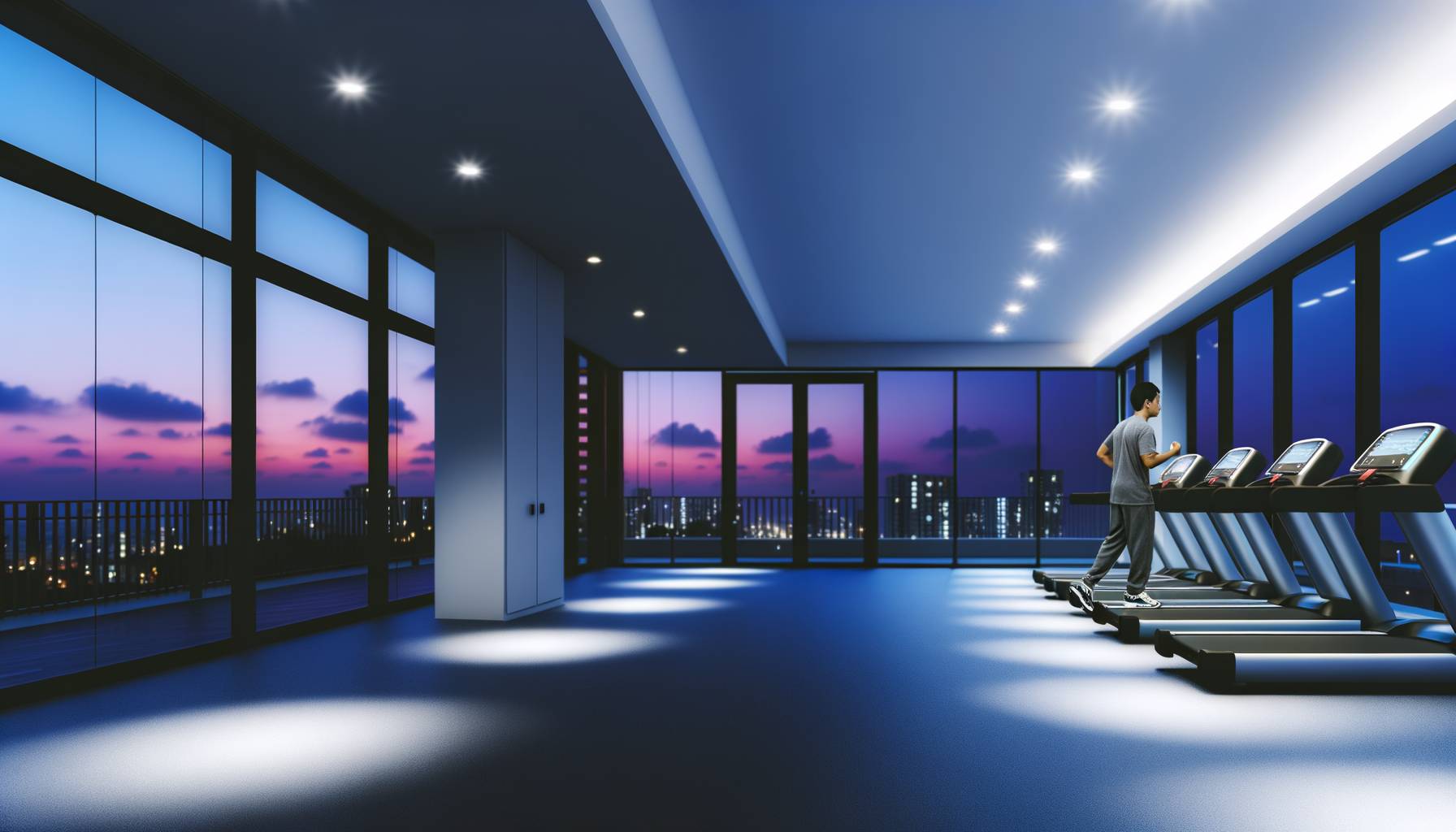 Imagen profesional de un gimnasio moderno al amanecer, con luces suaves y una persona ejercitándose...