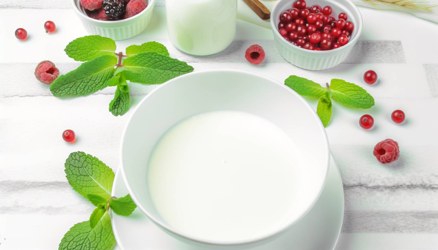 Fotografía horizontal de un cuenco de kéfir de leche cremoso, rodeado de ingredientes frescos como...