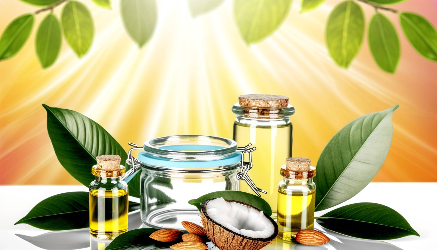 Una imagen profesional de frascos de vidrio en una mesa, cada uno conteniendo diferentes aceites nat...