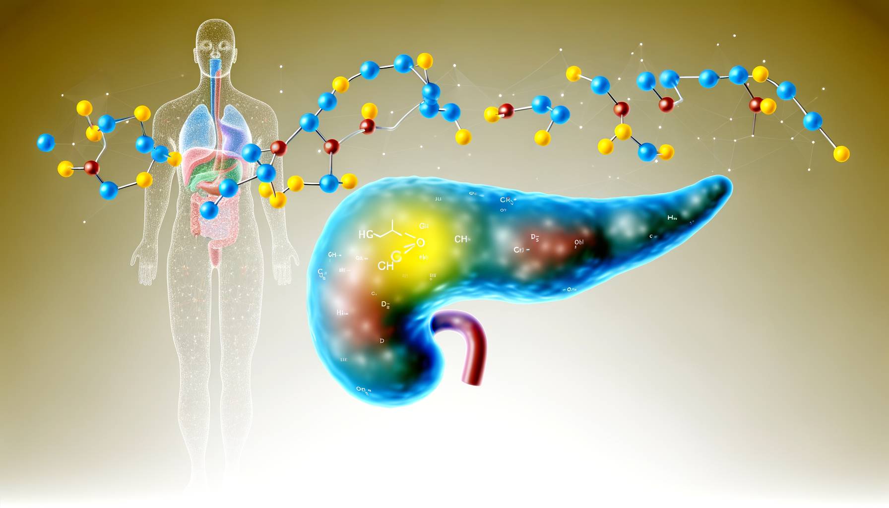 Una ilustración detallada de un páncreas humano con insulina y glucagón representados como moléc...