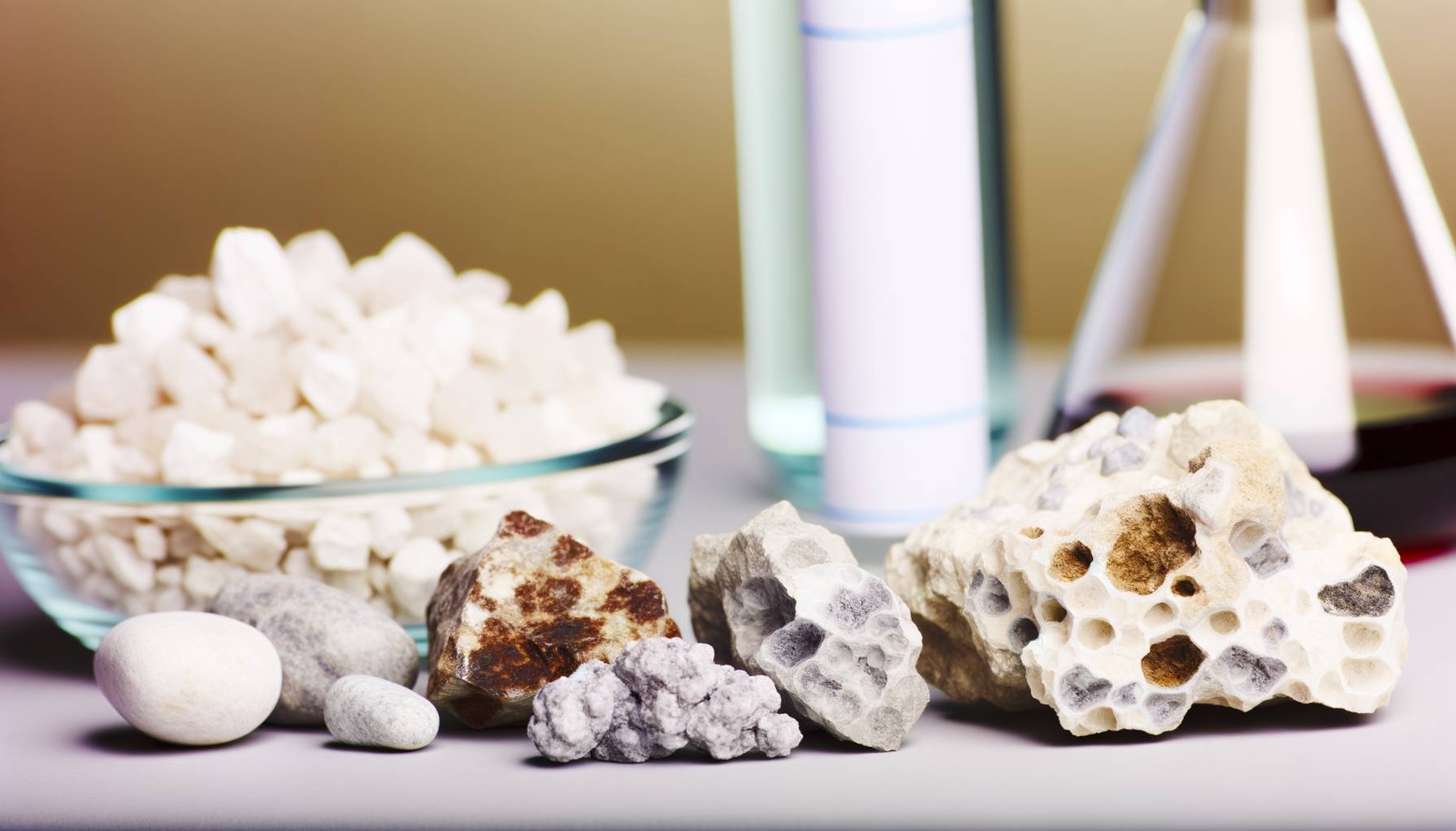 Un conjunto de minerales como la magnesita y la dolomita, mostrando sus texturas y colores naturales...