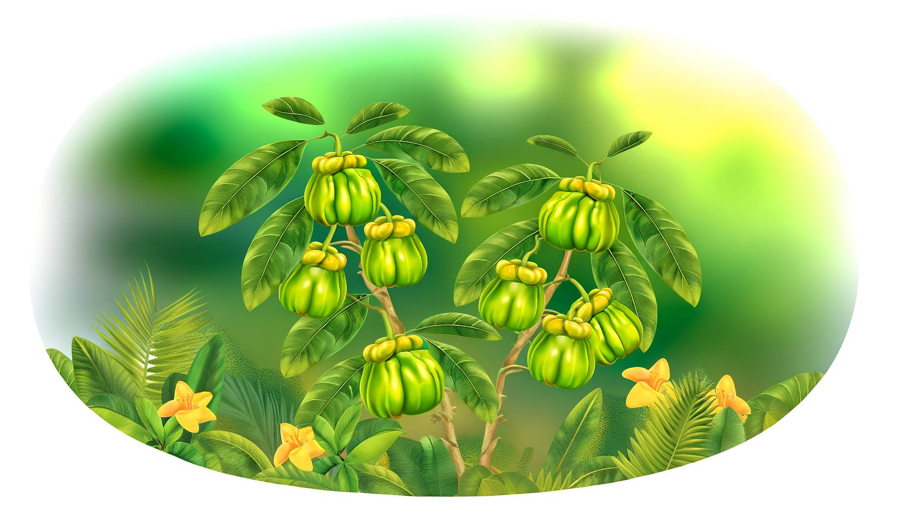 Una ilustración detallada de la garcinia cambogia en su entorno natural, mostrando la planta con su...