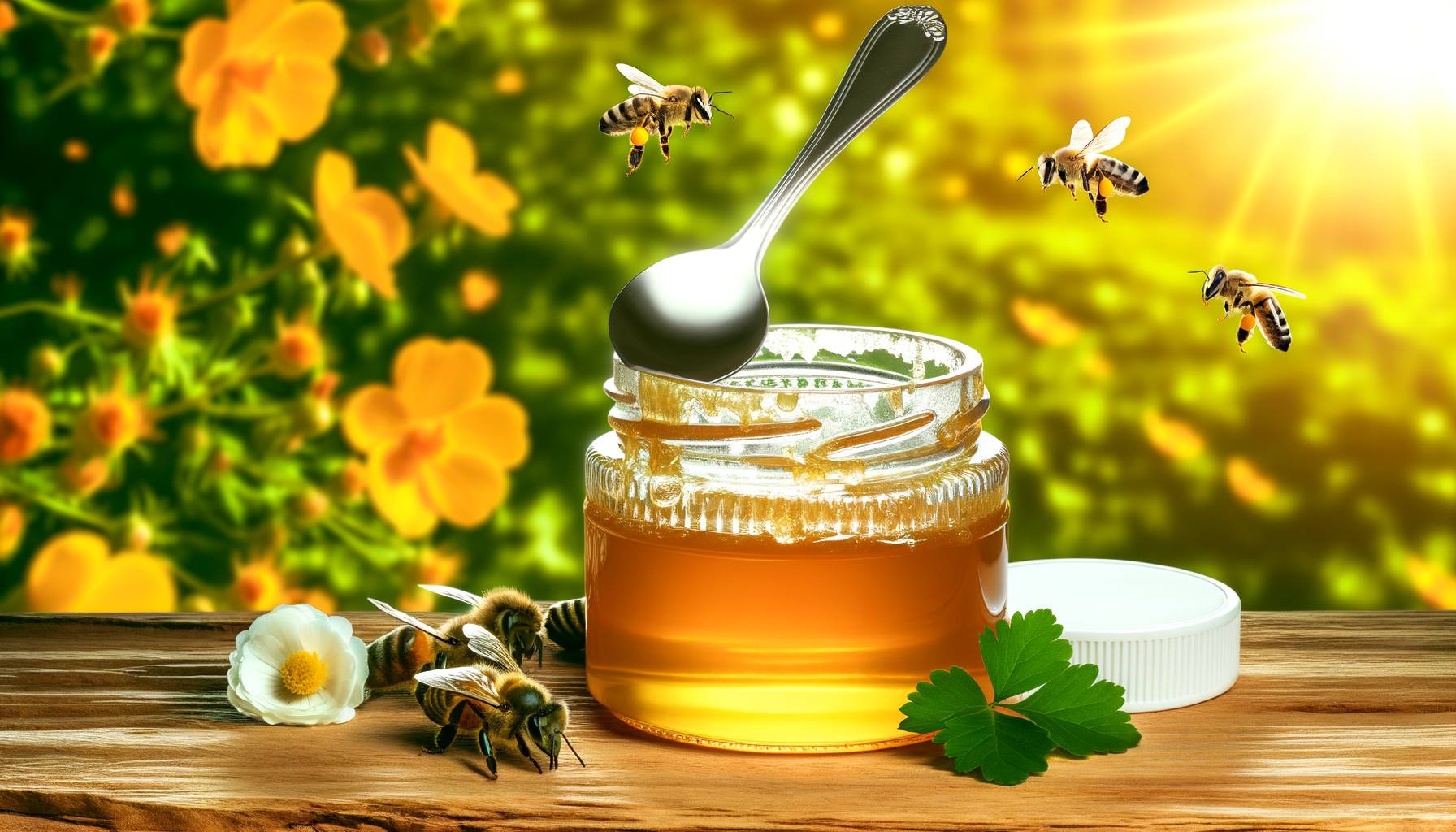 Imagen de un tarro de jalea real con una cuchara, rodeado de abejas y flores en un ambiente natural....