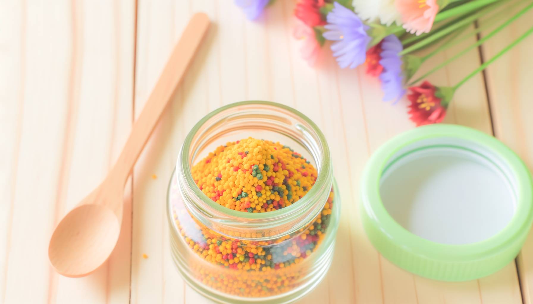 Un frasco de vidrio lleno de polen de abeja multicolor sobre una mesa de madera clara, rodeado de fl...