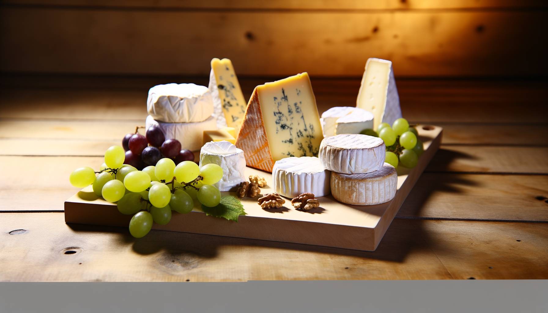 Una tabla de quesos variados incluyendo Brie, Camembert, Feta y queso de cabra, presentados sobre un...