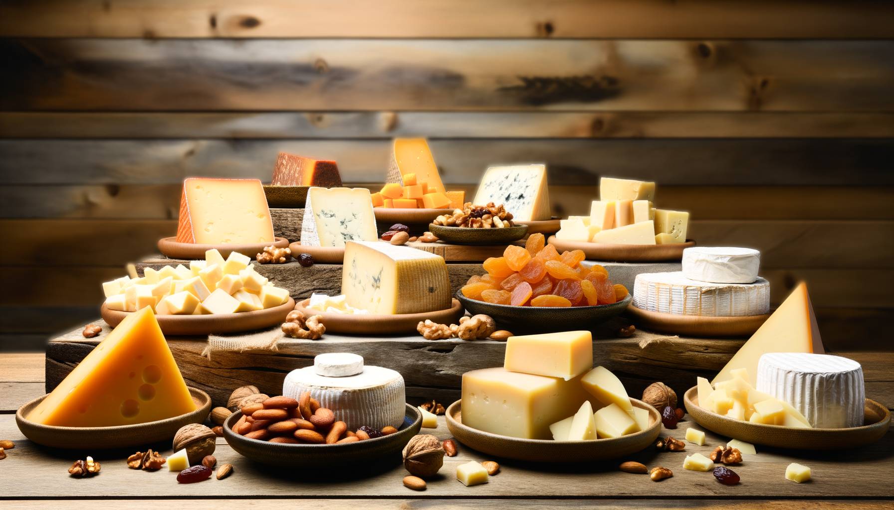 Una tabla de quesos variados sin lactosa, incluyendo cortes de cheddar añejo, parmesano y otros que...