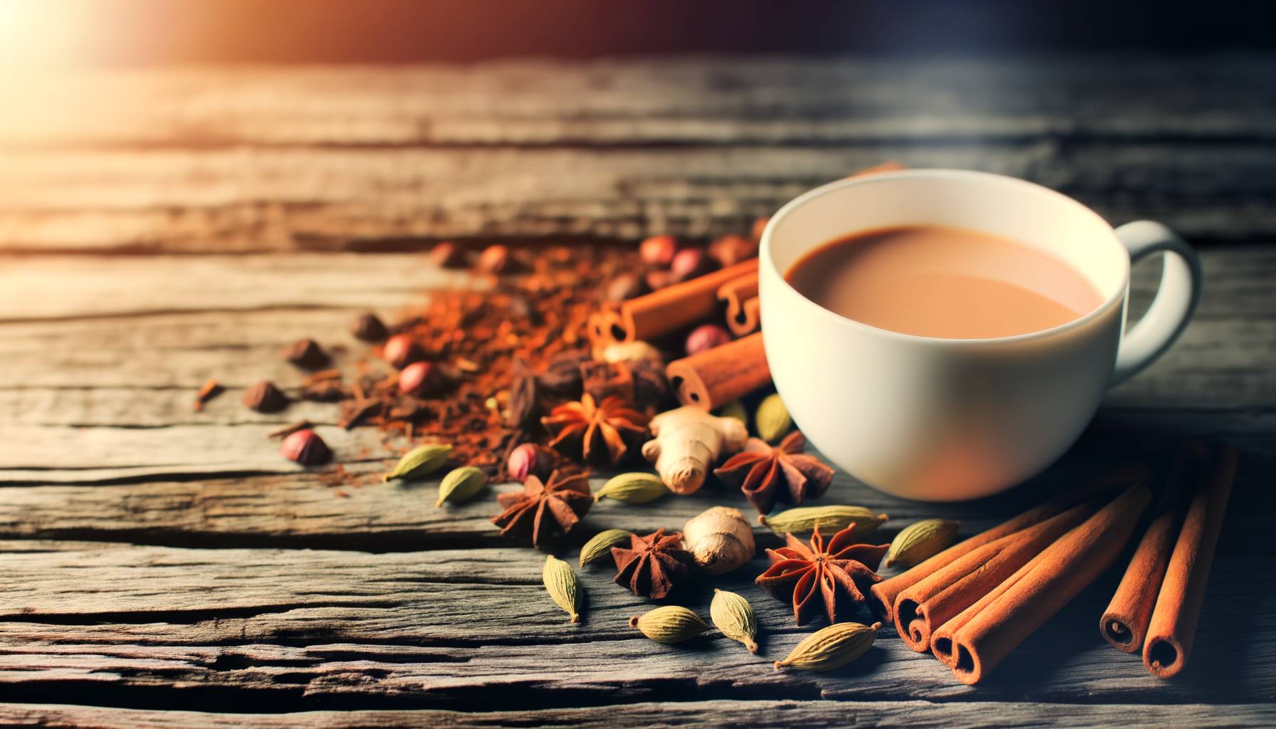 Una taza de té chai humeante rodeada de especias frescas como canela, cardamomo y jengibre, sobre u...