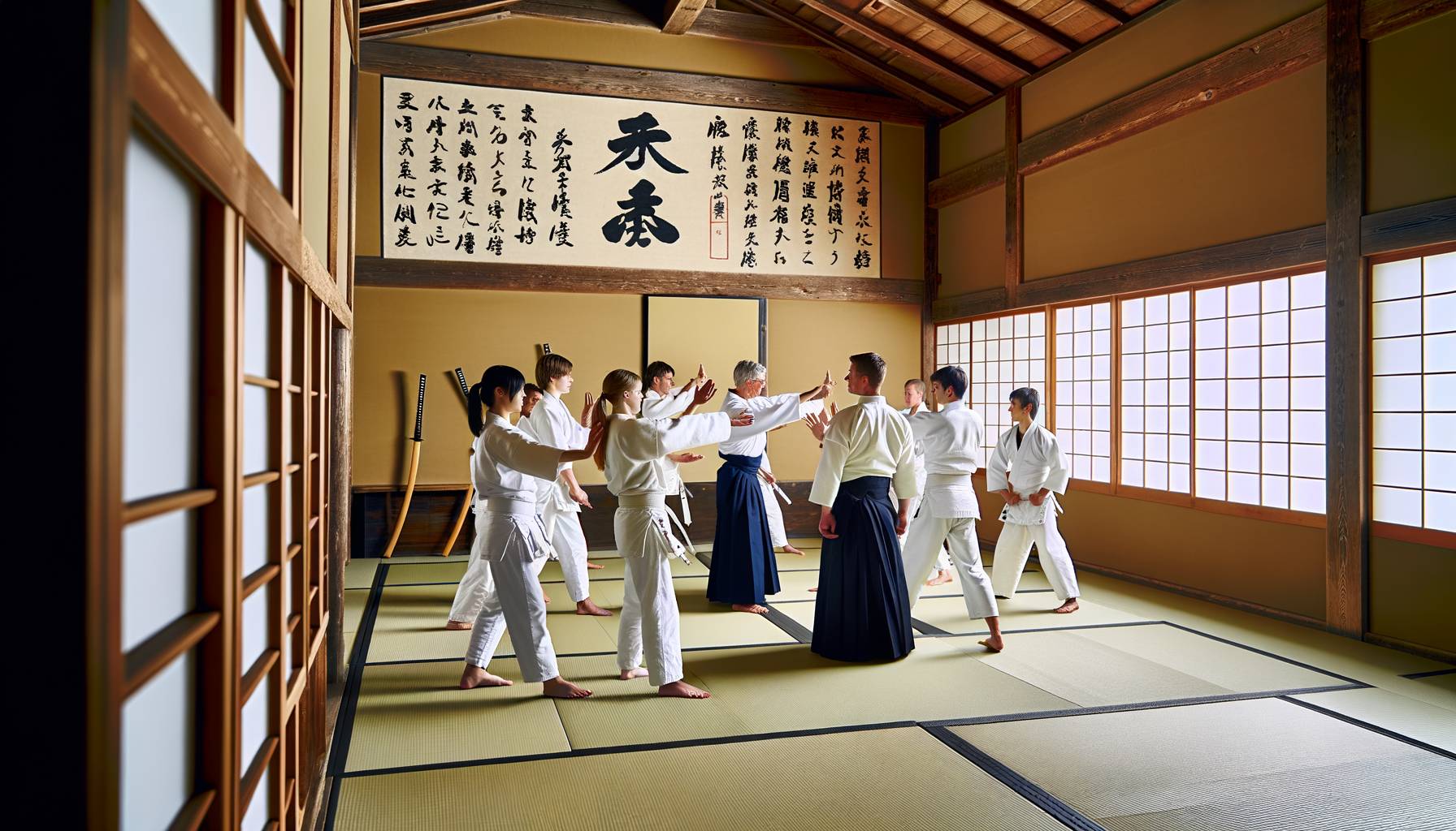 Un dojo tradicional japonés con tatami en el suelo, decorado con caligrafía japonesa y katanas en ...